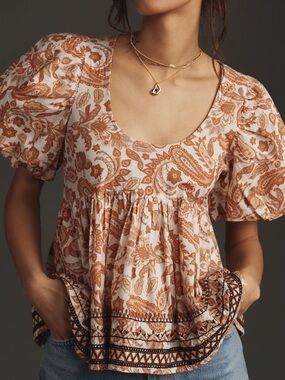 Anthropologie Puff Sleeve Babydoll Blouse Orange Paisley Size S
